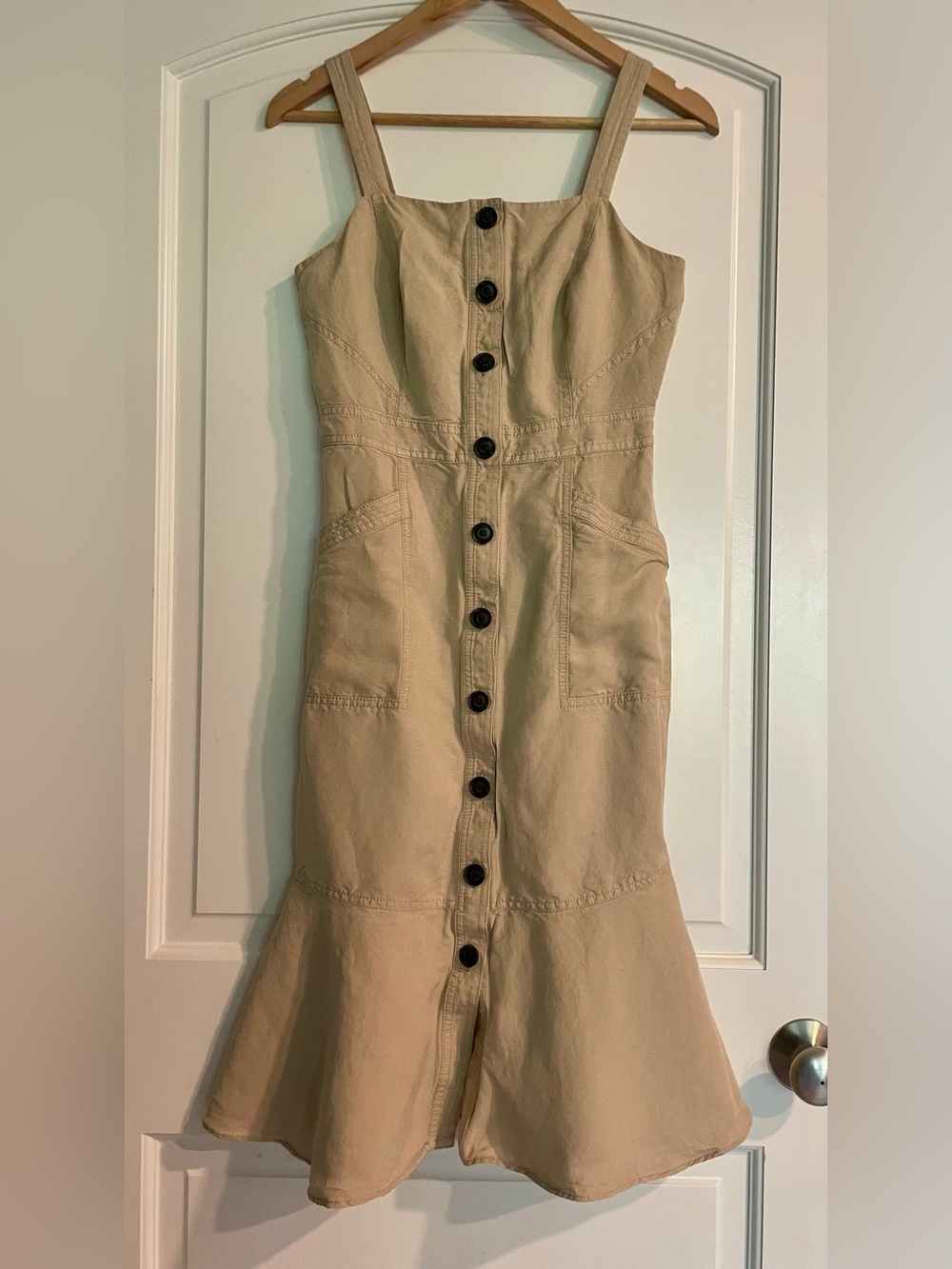 Banana Republic Beige Button Front Linen Midi Dress Front  Pockets Fit Flare 4